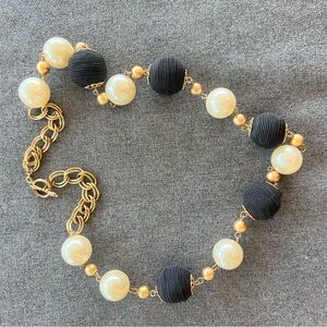 Gold Tone Faux Pearl And Black Thread Wrapped Beaded Necklace 24” Long